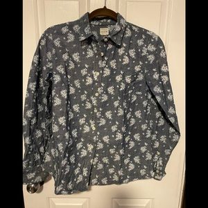 Patterned denim or chambray button-up shirt